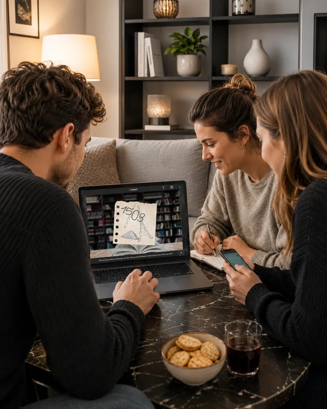 Friends playing an online escape game at home on a laptop (AI-generated)